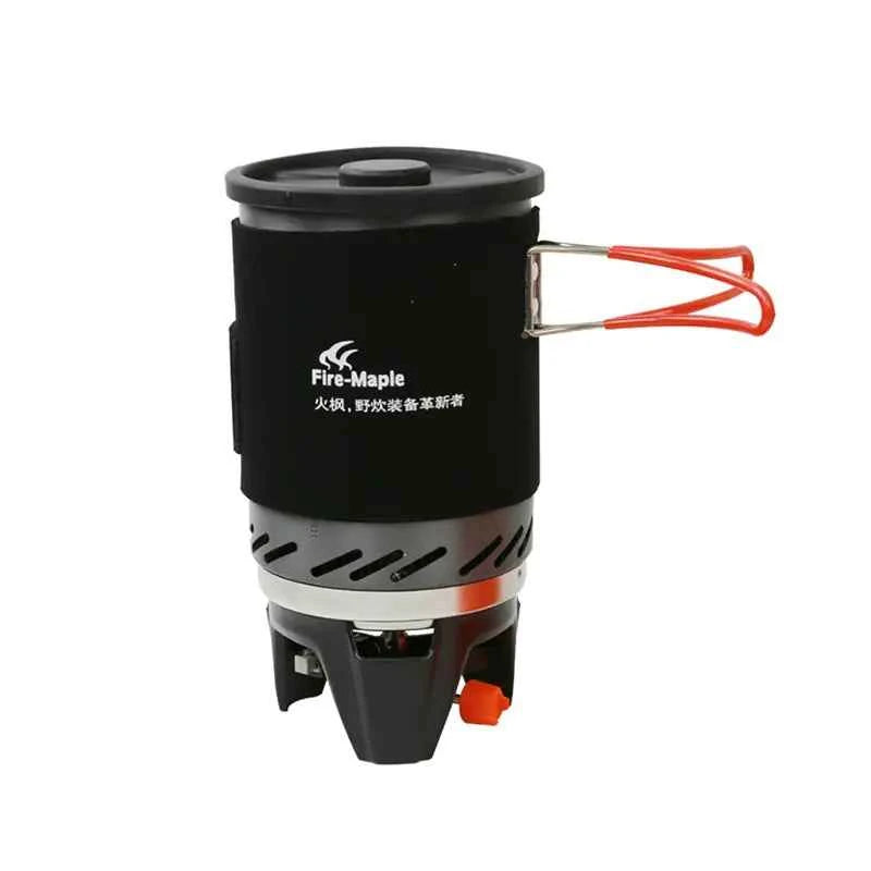 Black portable propane camping stove by Mead's Supply & Equipment, compact design for fast boiling and outdoor hiking cooking.
