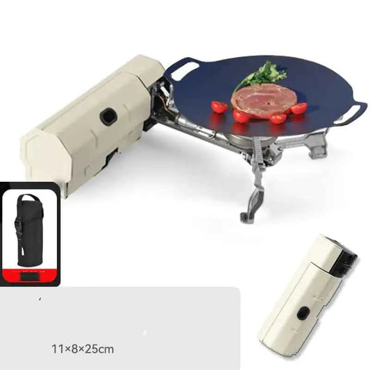 Portable folding camping gas stove by Mead's Supply & Equipment Outfitters, compact outdoor camping burner in military green.