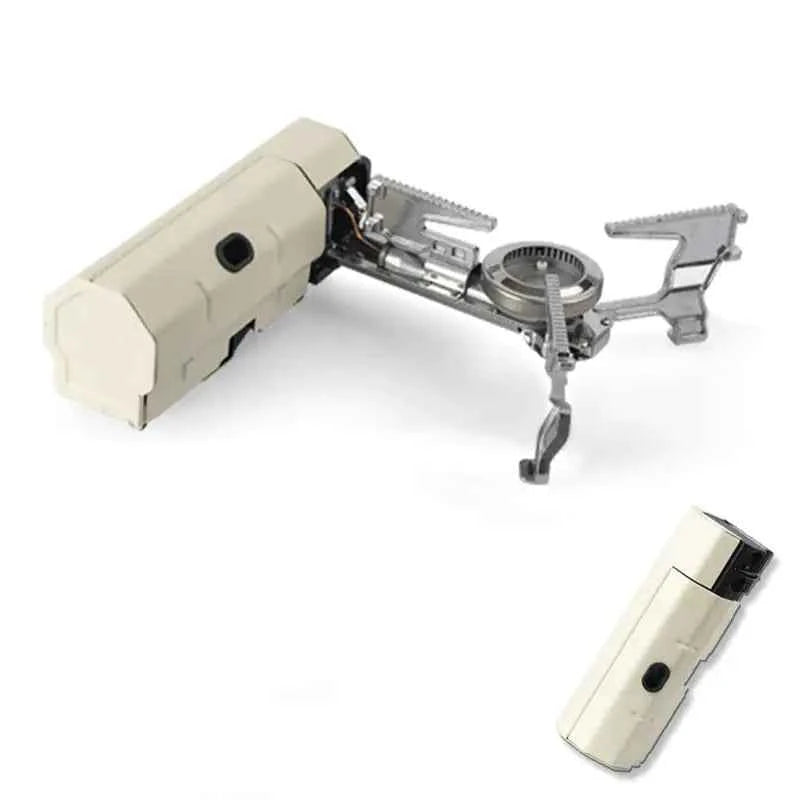 Portable folding camping gas stove by Mead's Supply, compact outdoor camping burner in military green for backpacking and outdoor cooking.