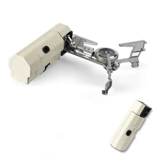 Portable folding camping gas stove by Mead's Supply, compact outdoor camping burner in military green for backpacking and outdoor cooking.