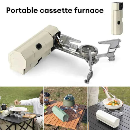 Portable folding camping gas stove in military green, compact outdoor cooking system by Mead's Supply & Equipment Outfitters.