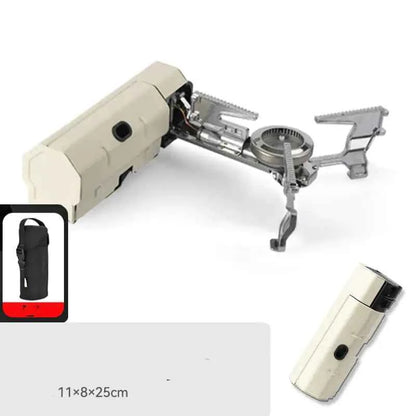 Mead's Supply portable folding camping gas stove in military green, compact outdoor backpacking burner for camping cooking.