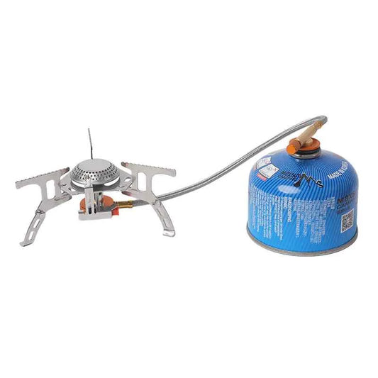Portable butane camping stove by Mead's Supply & Equipment Outfitters, 3500W foldable burner, ideal for outdoor camping trips.