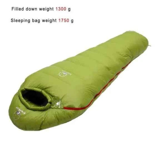 Green goose down sleeping bag by Mead's Supply & Equipment Outfitters, lightweight insulated camping gear for warmth and comfort.
