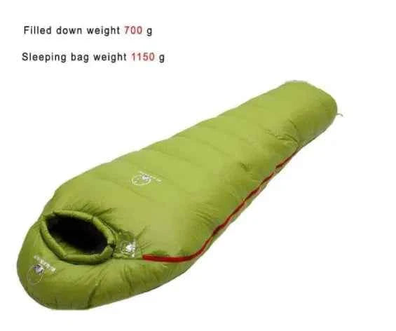 Green Mead's Supply & Equipment goose down sleeping bag, lightweight insulated camping gear, designed for warmth and comfort.