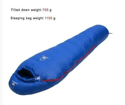 Green Mead's Supply & Equipment goose down sleeping bag, lightweight and insulated for camping, single size, warm and comfortable.