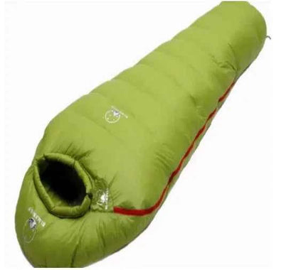 Green goose down sleeping bag by Mead's Supply & Equipment Outfitters, lightweight insulated camping gear for warmth and comfort.