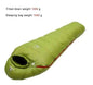 Green lightweight goose down sleeping bag by Mead's Supply & Equipment Outfitters, insulated camping gear for warmth and comfort.