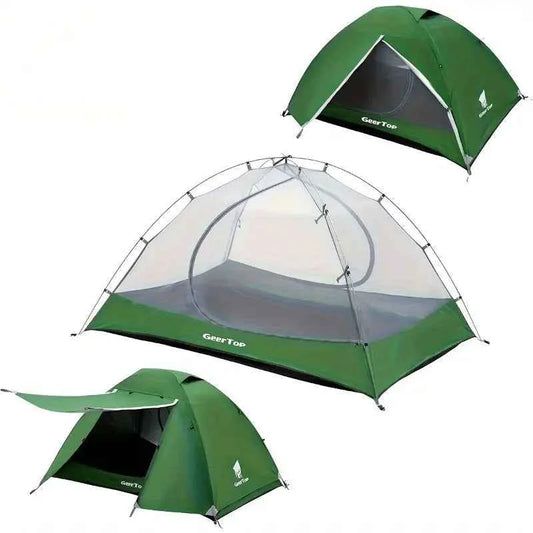 Ultralight green 2-person waterproof camping tent by Mead's Supply & Equipment Outfitters, with double layer and vestibules for backpacking.