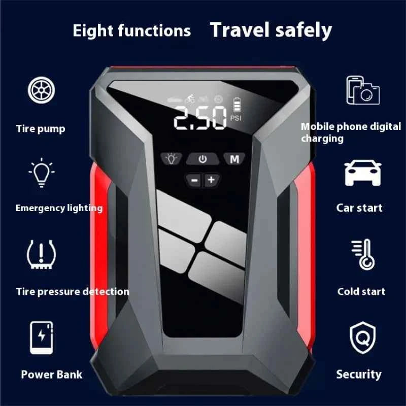 Mead's Supply 3-in-1 car jump starter power bank with air compressor, compact camping equipment for vehicle emergencies.