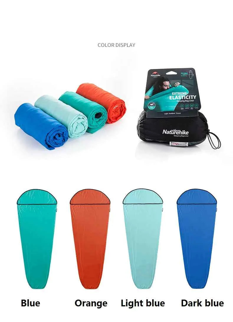 Light blue Naturehike lightweight portable sleeping bag liner by Mead's Supply, ideal for camping and hotel travel, 400g weight.