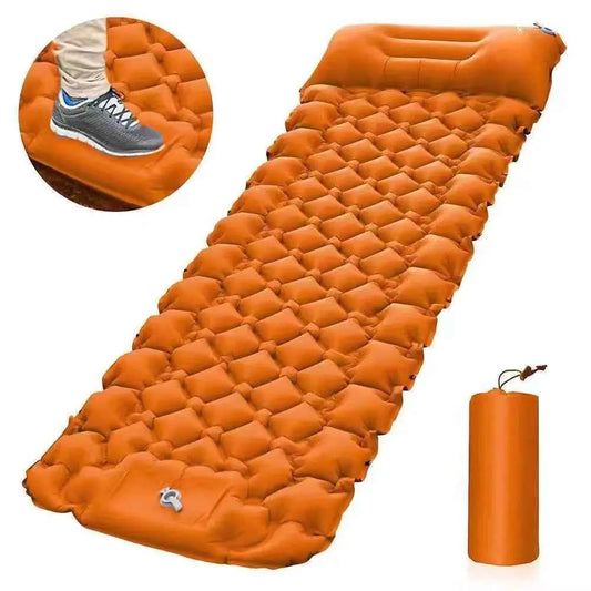 Mead's Supply & Equipment Outfitters portable inflatable camping mattress in orange, lightweight, moisture-proof sleeping pad, 196x68x8cm.
