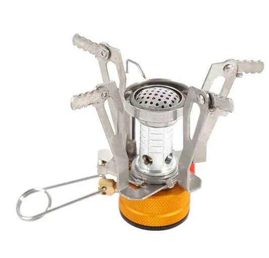Portable mini camping stove by Mead's Supply & Equipment, lightweight aluminum butane burner for outdoor cooking for 1-3 persons.