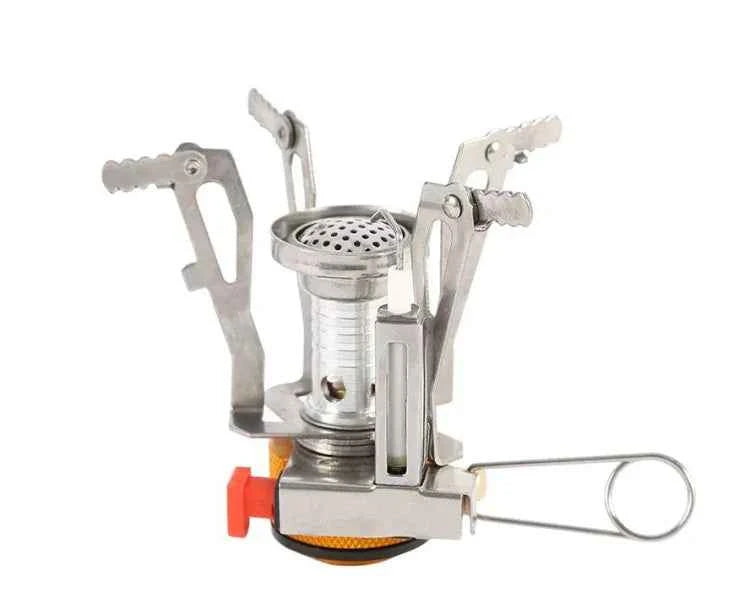 Orange portable mini camping stove by Mead's Supply & Equipment, lightweight aluminum butane burner for outdoor cooking, 1-3 person capacity.
