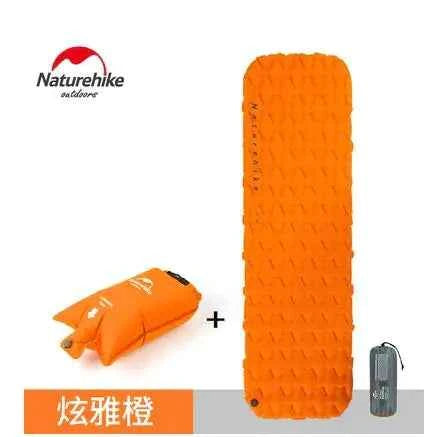 Orange outdoor inflatable mattress by Mead's Supply for camping, moisture-proof sleep pad with pillow options, suitable for 1 or 2 persons.