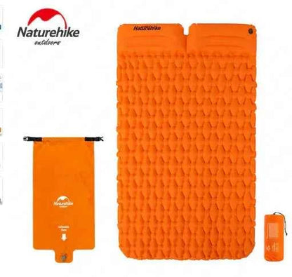 Orange outdoor inflatable mattress by Mead's Supply, moisture-proof camping sleep pad with pillow options, suitable for 1 or 2 people.