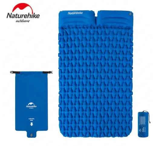Orange outdoor inflatable mattress by Mead's Supply & Equipment Outfitters, moisture-proof camping sleep pad with pillow options for 1 or 2 persons.