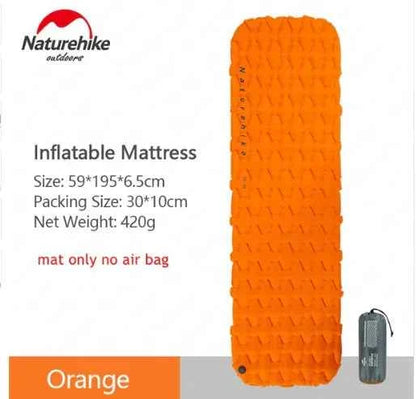 Orange outdoor inflatable mattress by Mead's Supply & Equipment Outfitters with built-in air bag and pillow options for camping sleep pads.