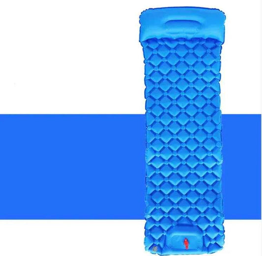 Royal blue Mead's Supply & Equipment outdoor camping press inflatable sleeping pad with built-in pillow, lightweight and 190x60cm.