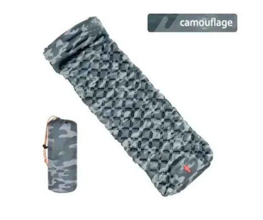 Royal blue Mead's Supply & Equipment Outfitters inflatable camping sleeping pad with built-in pillow, lightweight outdoor camping mattress.