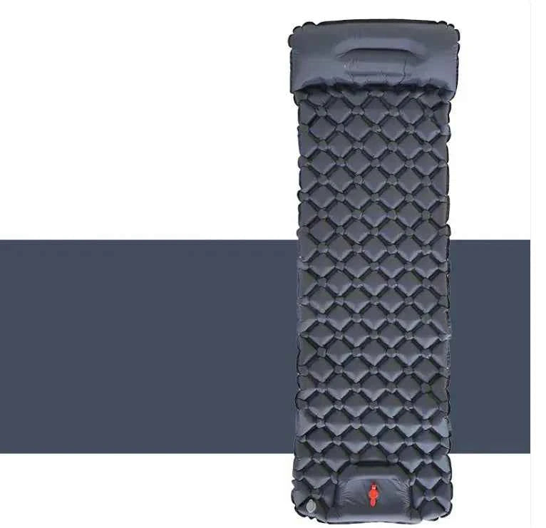 Royal blue inflatable camping sleeping pad by Mead's Supply, lightweight with built-in pillow for outdoor camping comfort.