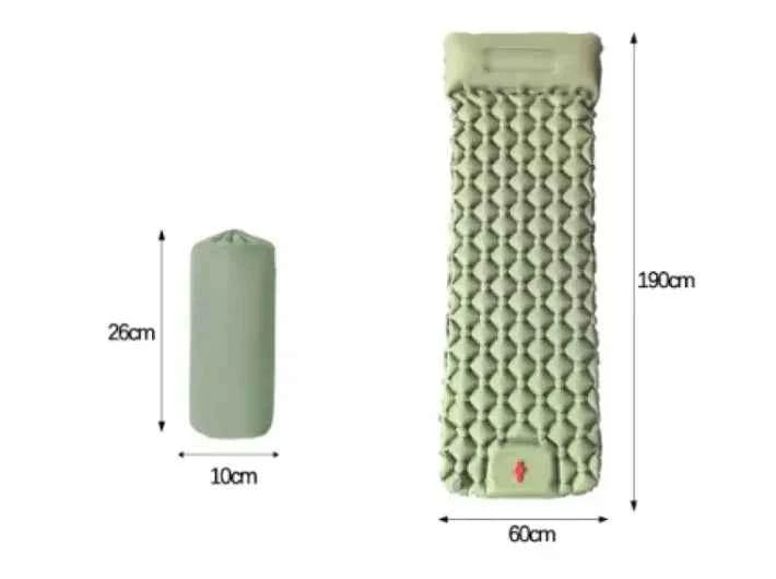 Royal blue Mead's Supply outdoor camping press inflatable sleeping pad with built-in pillow, lightweight and ideal for camping trips.