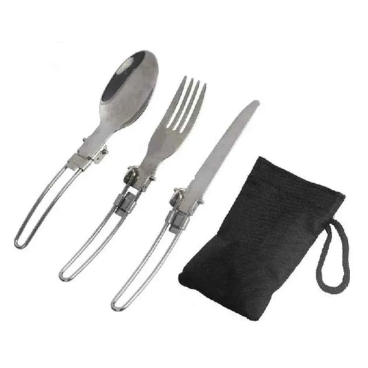 Mead's Supply & Equipment Outfitters foldable camping cutlery set with stainless steel utensils for outdoor dining and travel.