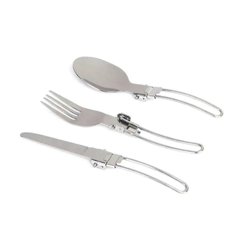 Portable stainless steel camping foldable cutlery set from Mead's Supply & Equipment Outfitters, ideal for outdoor dining and travel.