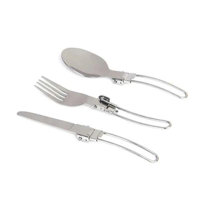 Portable stainless steel camping foldable cutlery set from Mead's Supply & Equipment Outfitters, ideal for outdoor dining and travel.