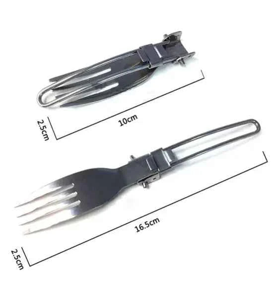 Silver camping foldable cutlery set by Mead's Supply & Equipment, includes portable stainless steel utensils for outdoor dining.