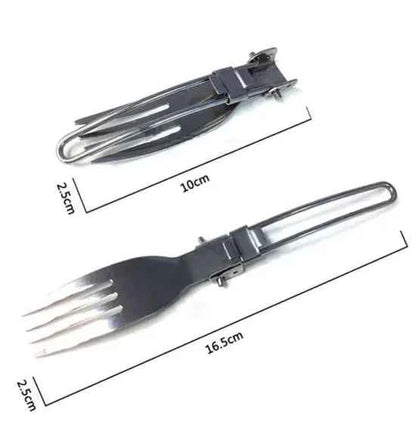Silver camping foldable cutlery set by Mead's Supply & Equipment, includes portable stainless steel utensils for outdoor dining.