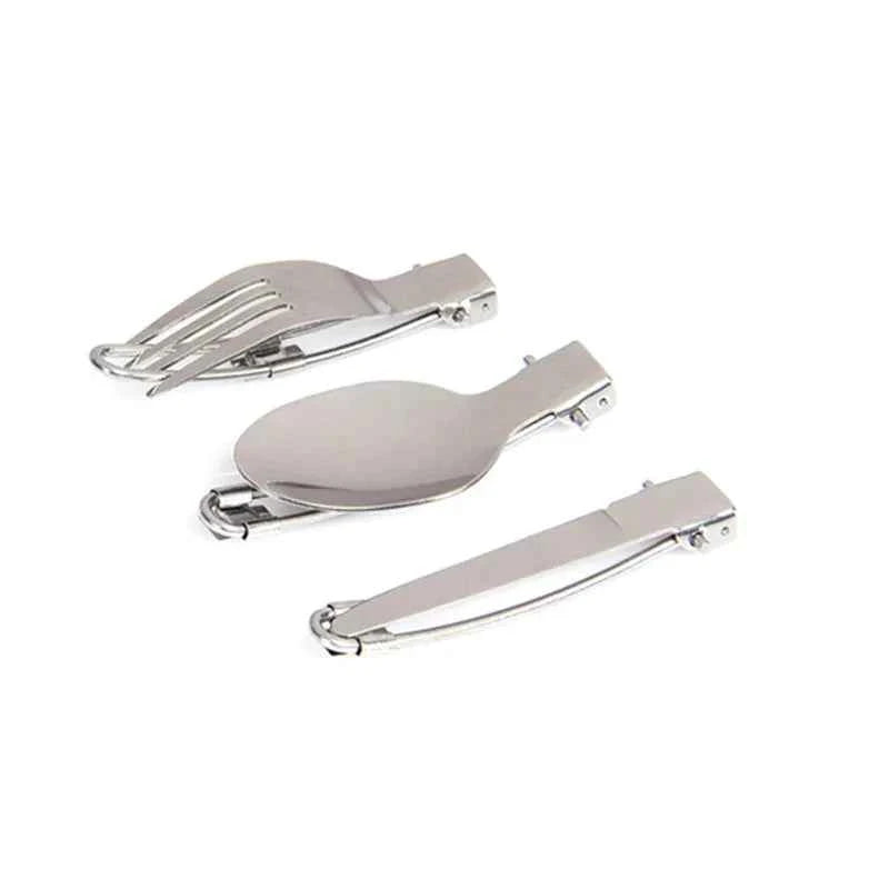 Portable stainless steel camping foldable cutlery set with fork, knife, and spoon for outdoor dining by Mead's Supply & Equipment Outfitters.