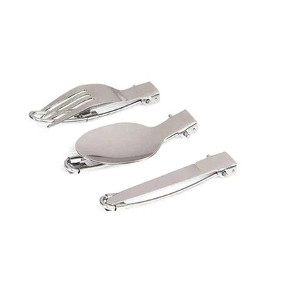 Portable stainless steel camping foldable cutlery set with fork, knife, and spoon for outdoor dining by Mead's Supply & Equipment Outfitters.