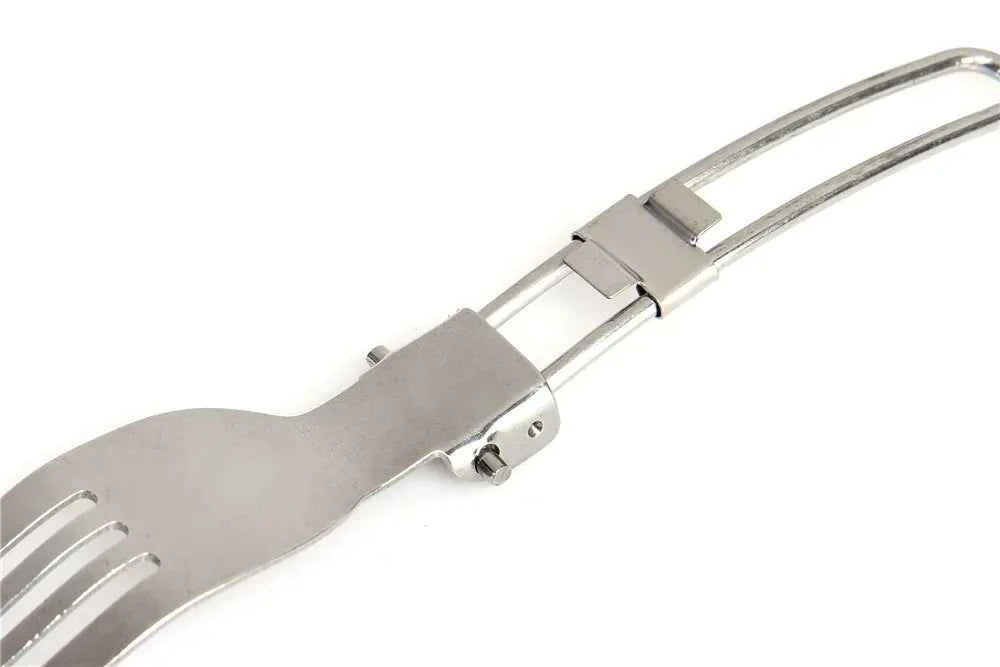 Silver foldable camping cutlery set by Mead's Supply & Equipment Outfitters, portable stainless steel utensils for outdoor dining.