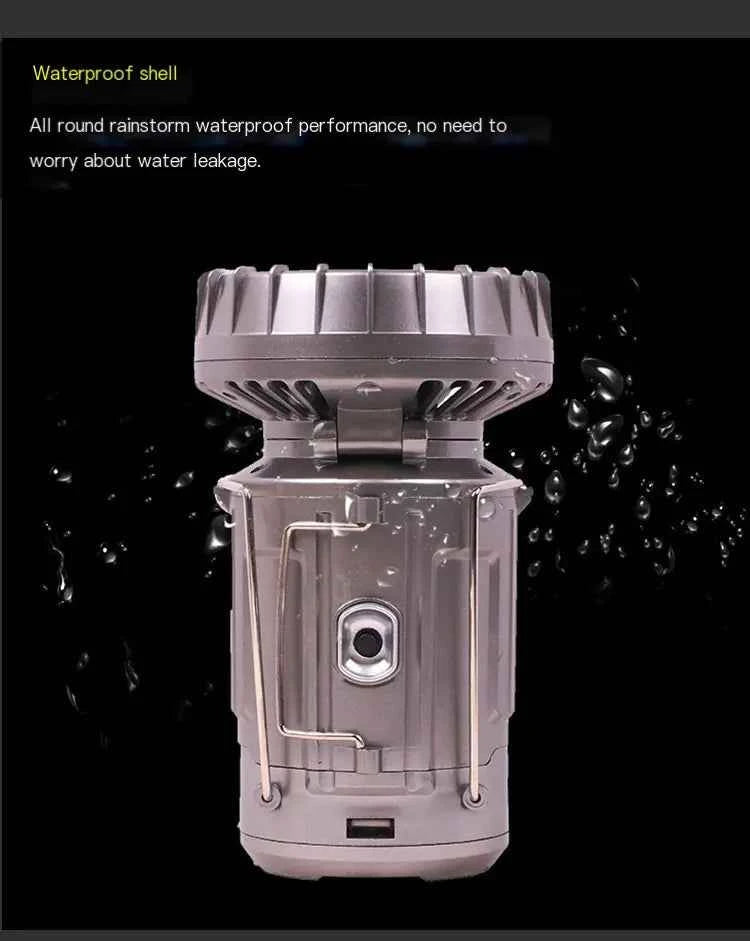 Mead's Supply 2-in-1 solar camping lantern and fan, rechargeable LED light with cooling fan for outdoor camping.