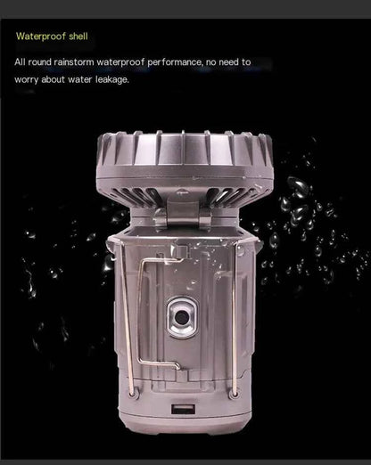 Mead's Supply 2-in-1 solar camping lantern and fan, rechargeable LED light with cooling fan for outdoor camping.