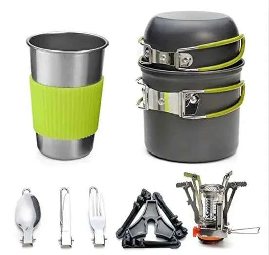 Portable camping stove set by Mead's Supply & Equipment Outfitters, compact outdoor gas stove with windscreen for backpacking.