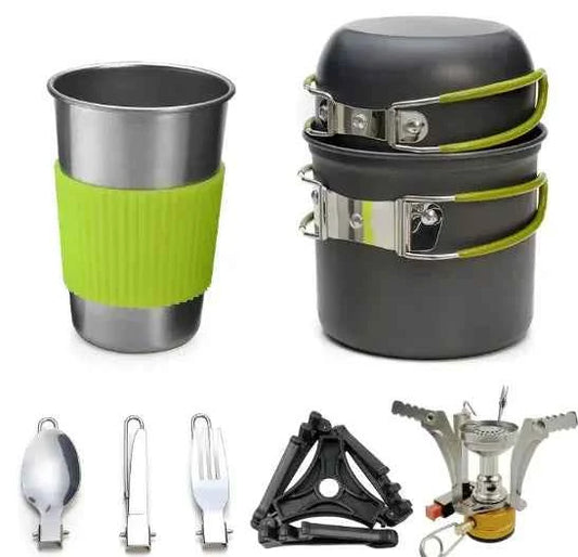 Portable camping stove set by Mead's Supply & Equipment Outfitters, compact outdoor cooking system with windscreen for backpacking.