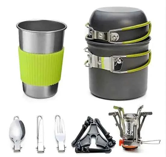 Mead's Supply & Equipment Outfitters portable camping stove set with windscreen, compact outdoor gas stove for backpacking.