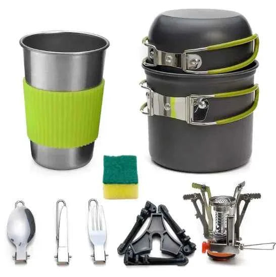 Portable camping stove set by Mead's Supply & Equipment Outfitters, compact outdoor cooking system with windscreen for backpacking.