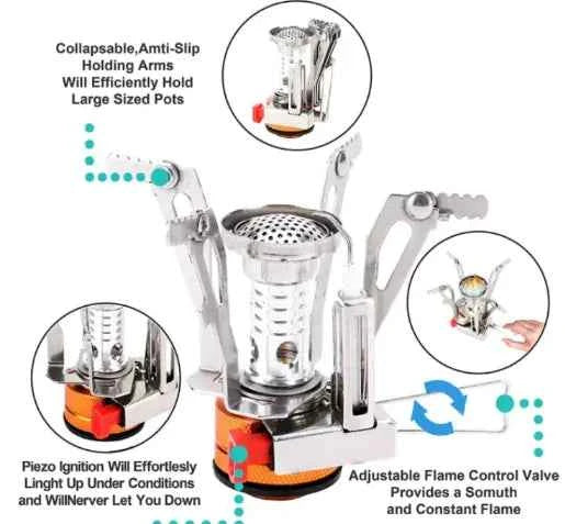 Portable camping stove set by Mead's Supply & Equipment Outfitters, compact outdoor cooking system with windscreen for backpacking.