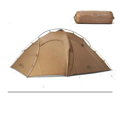 Mead's Supply outdoor camping tent with vestibule, waterproof double-layer design, aluminum frame, suitable for 1-3 persons, in warm sand color.