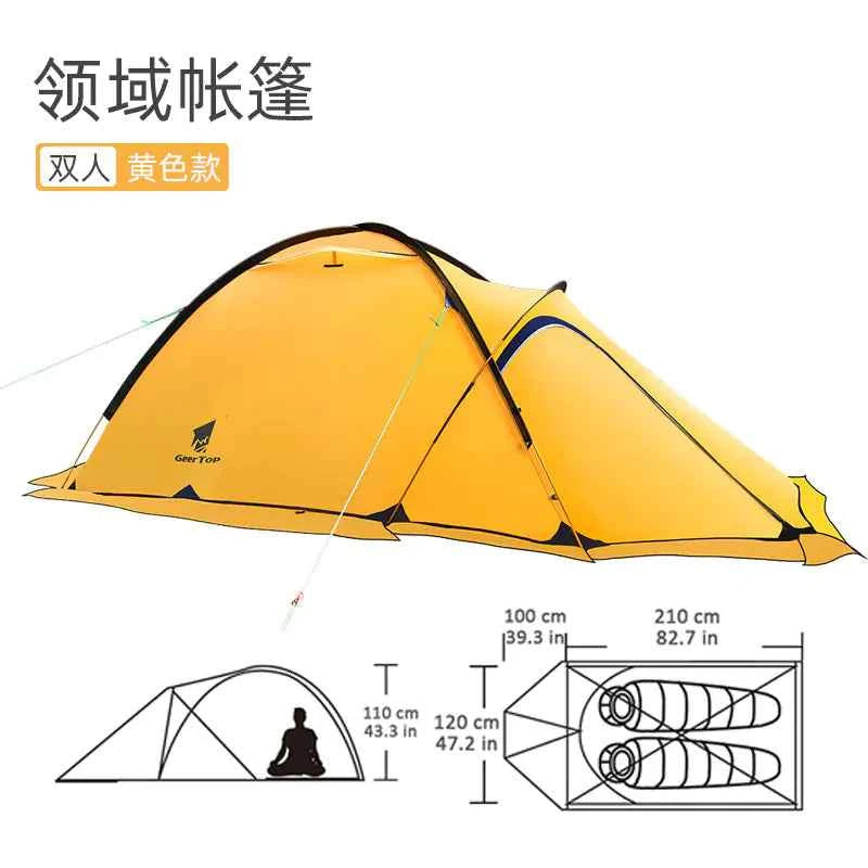 Yellow winter double layer waterproof camping tent by Mead's Supply & Equipment Outfitters, 4-season 2-person hiking shelter.