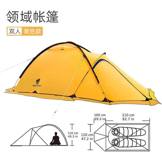 Yellow winter double layer waterproof camping tent by Mead's Supply & Equipment Outfitters, 4-season 2-person hiking shelter.