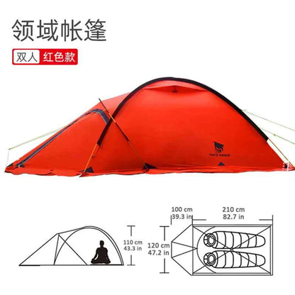 Yellow winter double-layer waterproof camping tent by Mead's Supply & Equipment for 4-season hiking, designed for 2 persons.