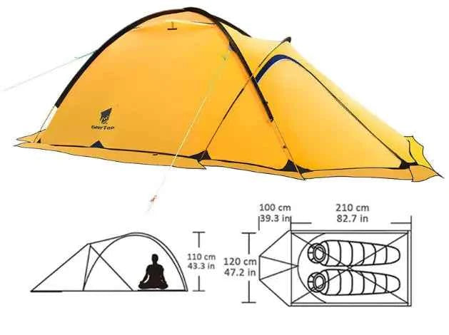 Yellow Mead's Supply 4-season double layer waterproof camping tent for hiking, designed for 2 persons, outdoor camping equipment.