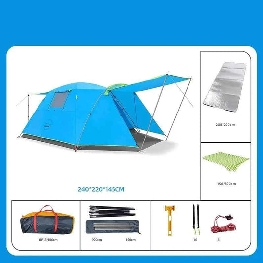 Yellow four-person outdoor camping tent by Mead's Supply & Equipment Outfitters, set up in a natural outdoor setting.