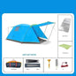 Yellow four-person outdoor camping tent by Mead's Supply & Equipment Outfitters, set up in a natural outdoor setting.
