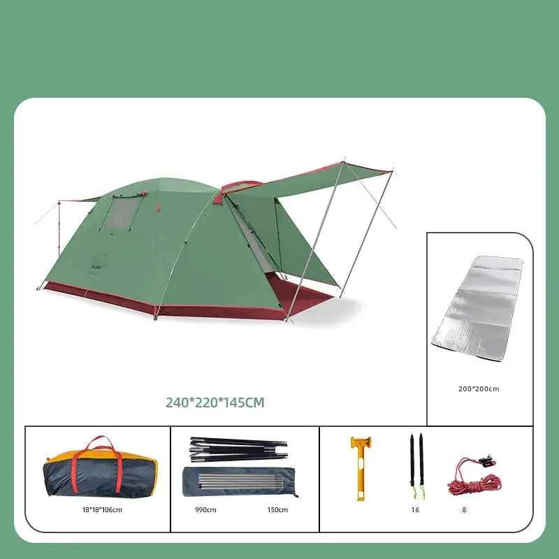 Yellow four-person outdoor camping tent by Mead's Supply & Equipment Outfitters, set up in a natural outdoor camping environment.