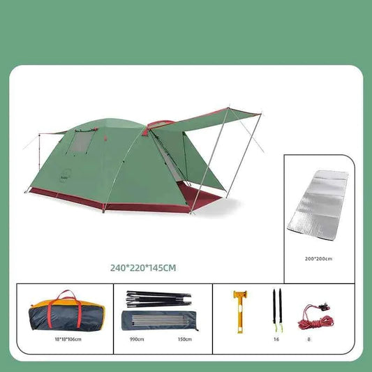 Yellow four-person outdoor camping tent by Mead's Supply & Equipment Outfitters, set up in a natural outdoor camping environment.